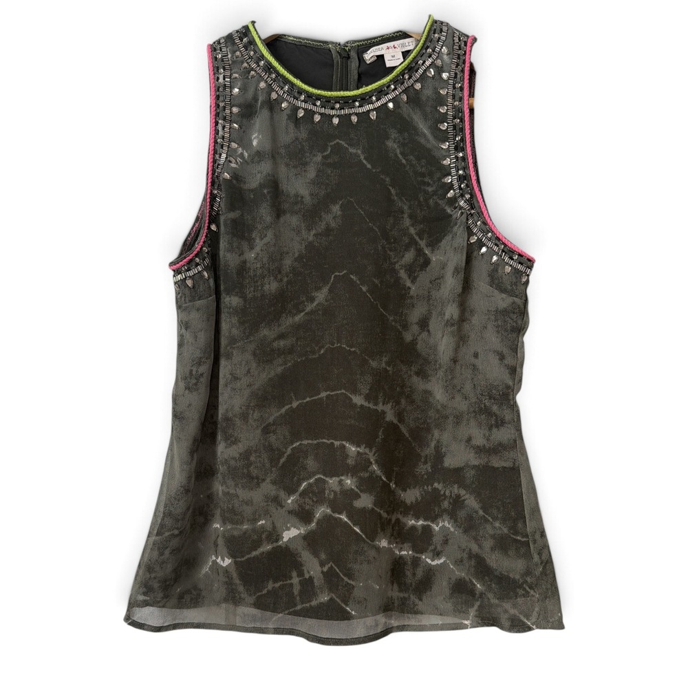 Chelsea & Violet Women Green Acid Wash Beaded Sleeveless Embellished Top Medium